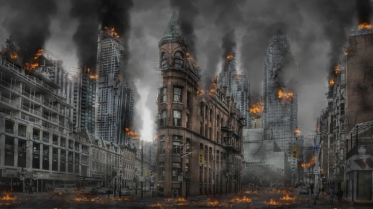 apocalypse, war, disaster, destruction, armageddon, apocalyptic, city, buildings, burning, smoke, doomsday, ruins, dust, flatiron building, fire, abandoned, aba