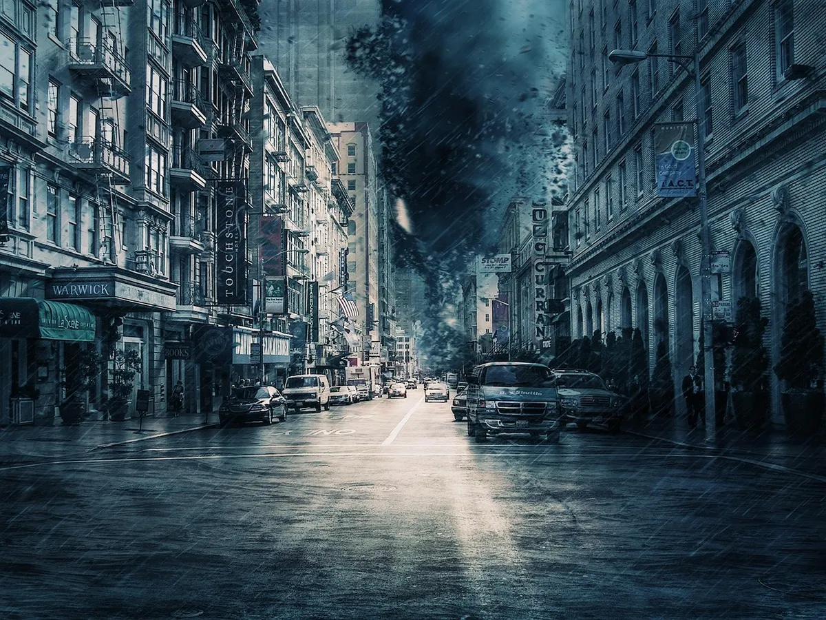 city, traffic, storm, weather, thunderstorm, thunder, nature, dangerous, lightning, dramatic, hurricane, disaster, photo manipulation, photo art, city, city, ci