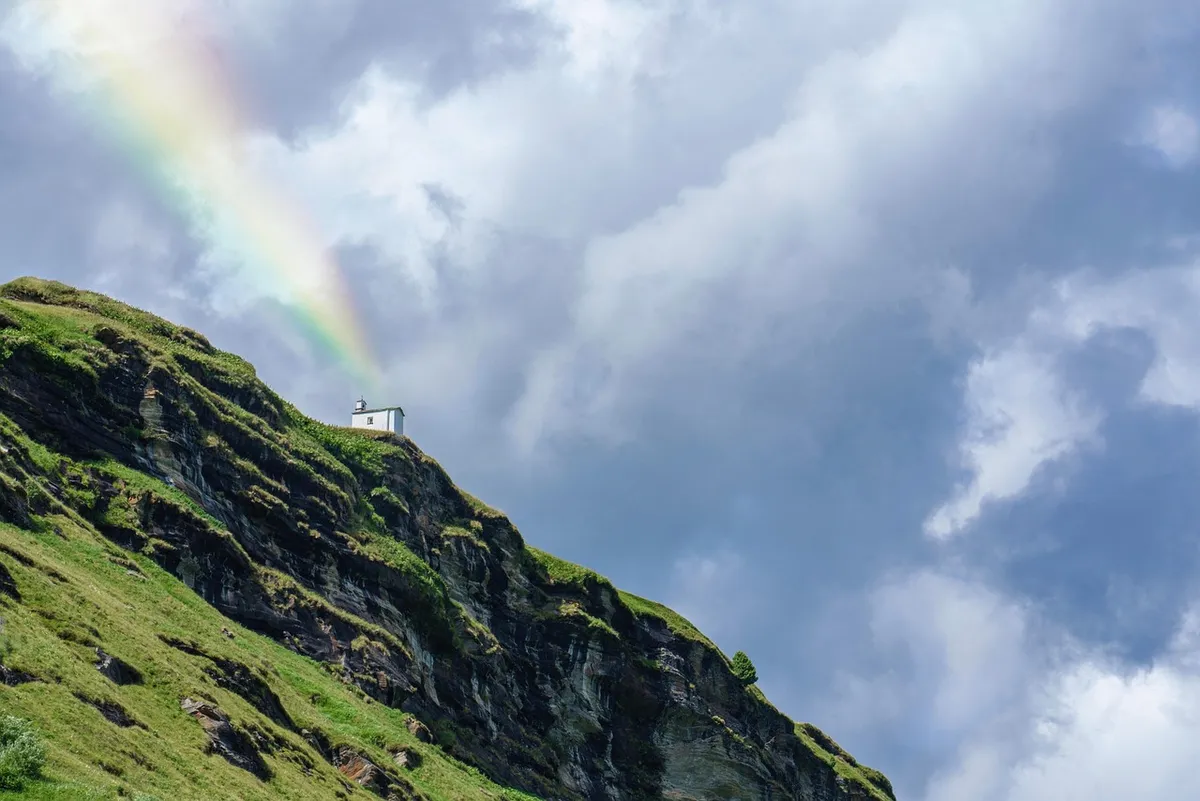 church, cliff, mountain, rainbow, chapel, faith, hope, peace, landscape, nature