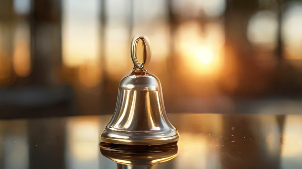 Ein silberner Gong mit polierter Oberfläche, metallischer Farbton, auf einem Glas-Tisch unter goldenem Stundenlicht, flache Schärfe, photorealistisch, scharfe Fokussierung, hohe Details