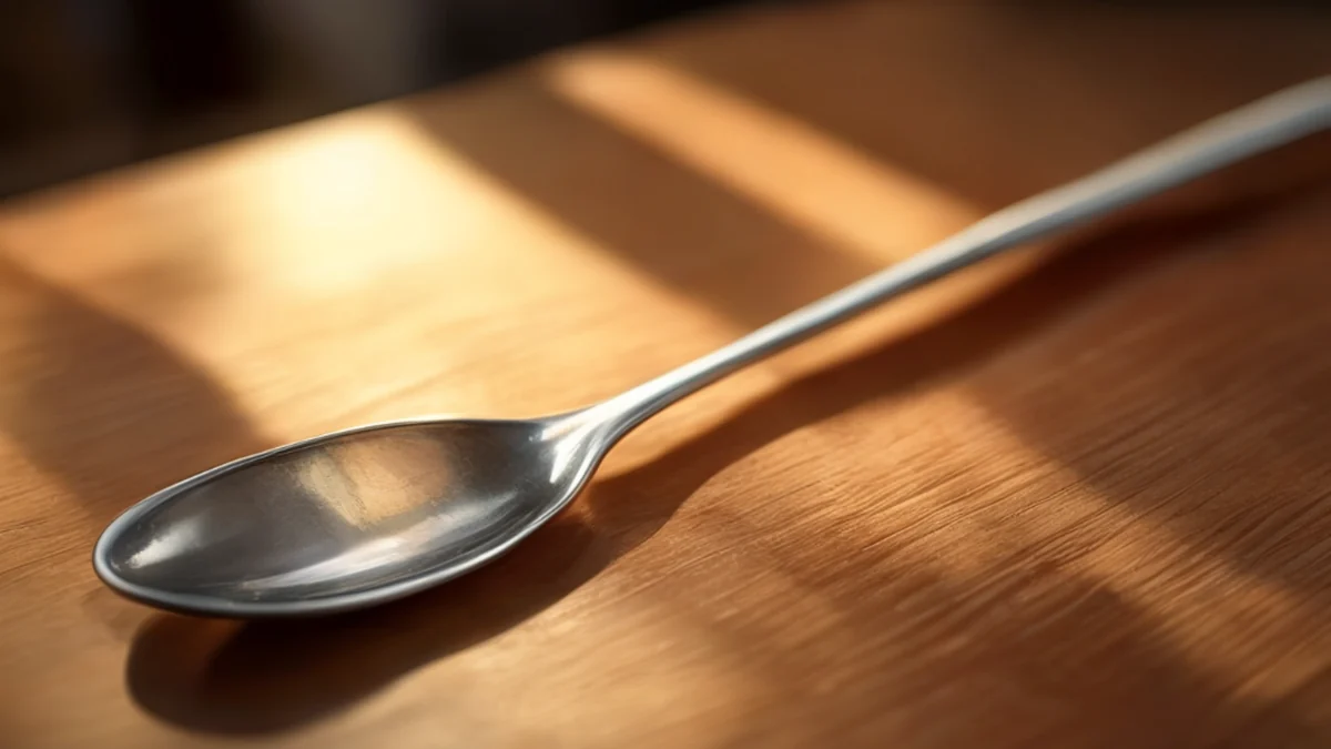 Eine lange, schmale Silbergabel mit gekrümmtem Griff und flacher Kopf auf Holztisch unter warmem Licht.
