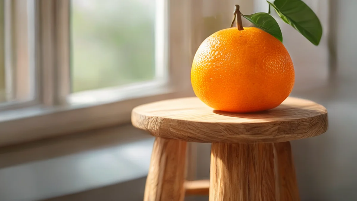 A wooden stool with a bright orange yuzu fruit on top, natural wood grain, soft window light, shallow depth of field, photorealistic, sharp focus, high detail