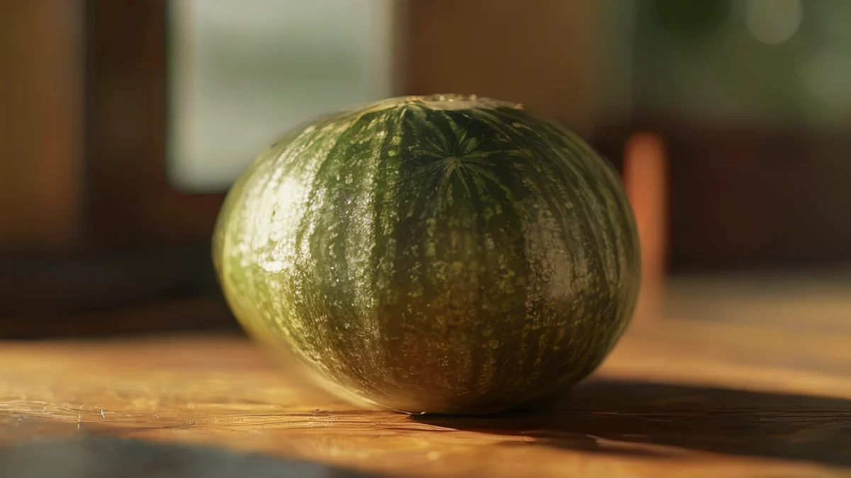 A traditional Japanese sugarmelon with a smooth, dark surface and a slight indentation, resting on a wooden table under warm side light, shallow depth of field, photorealistic, sharp focus, high detail