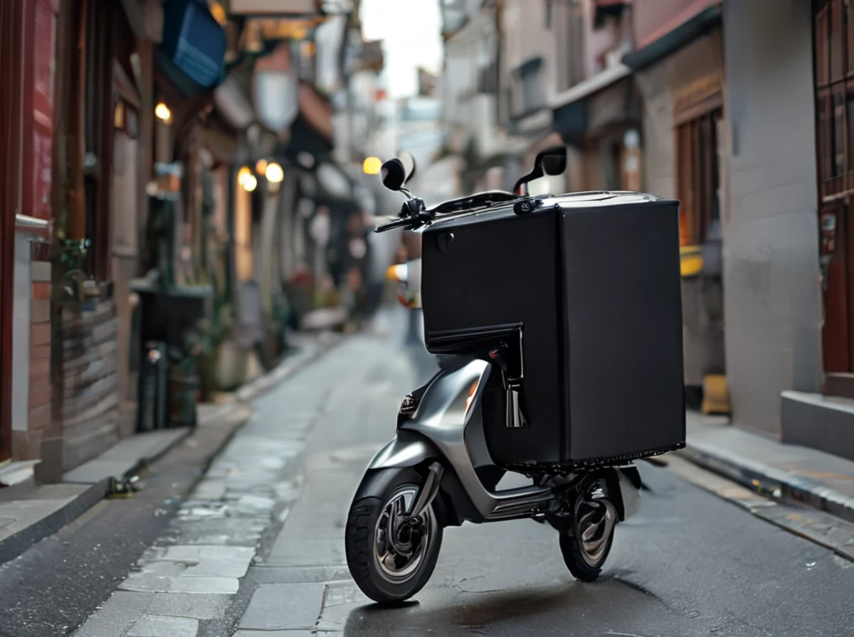 都市の道路に停められた配達スコーターと荷物の箱。