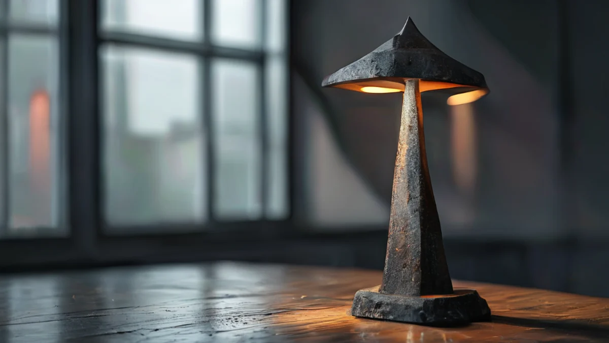 Shanghai streetlamp base, dark grey cast iron, angular shape, rusted texture, on plain wooden table, soft window light, shallow depth of field, photorealistic, sharp focus, high detail