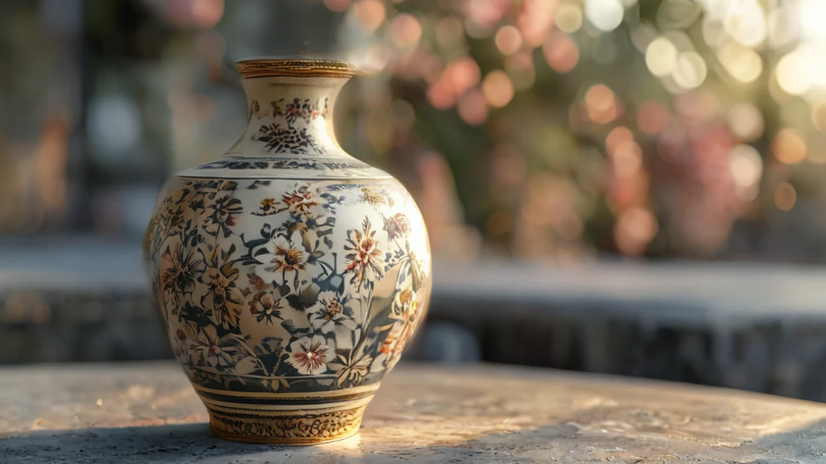 Traditionele Phuket-vase met bloempatronen, keramiek, gladde curves, glanzend finish, op een beton tafel, gouden uur, zachte scherpte, fotorealistisch, scherp focus, hoge details