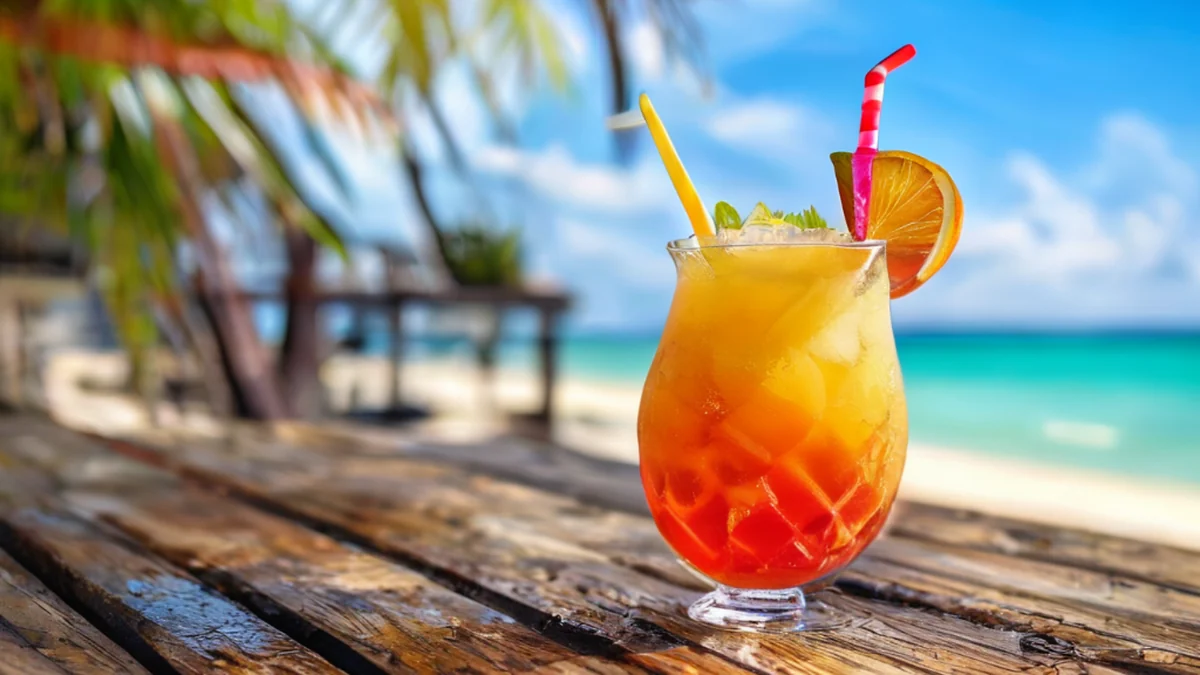Een persoon drinkt een tropisch cocktail in een strandbar.