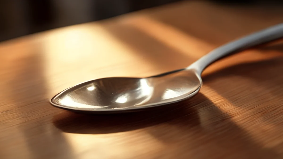 Metalen lepel met glanszilver, boogshandle, plat hoofd op houten tafel onder warm licht, zacht focus, fotorealistisch, scherp focus, hoog detail