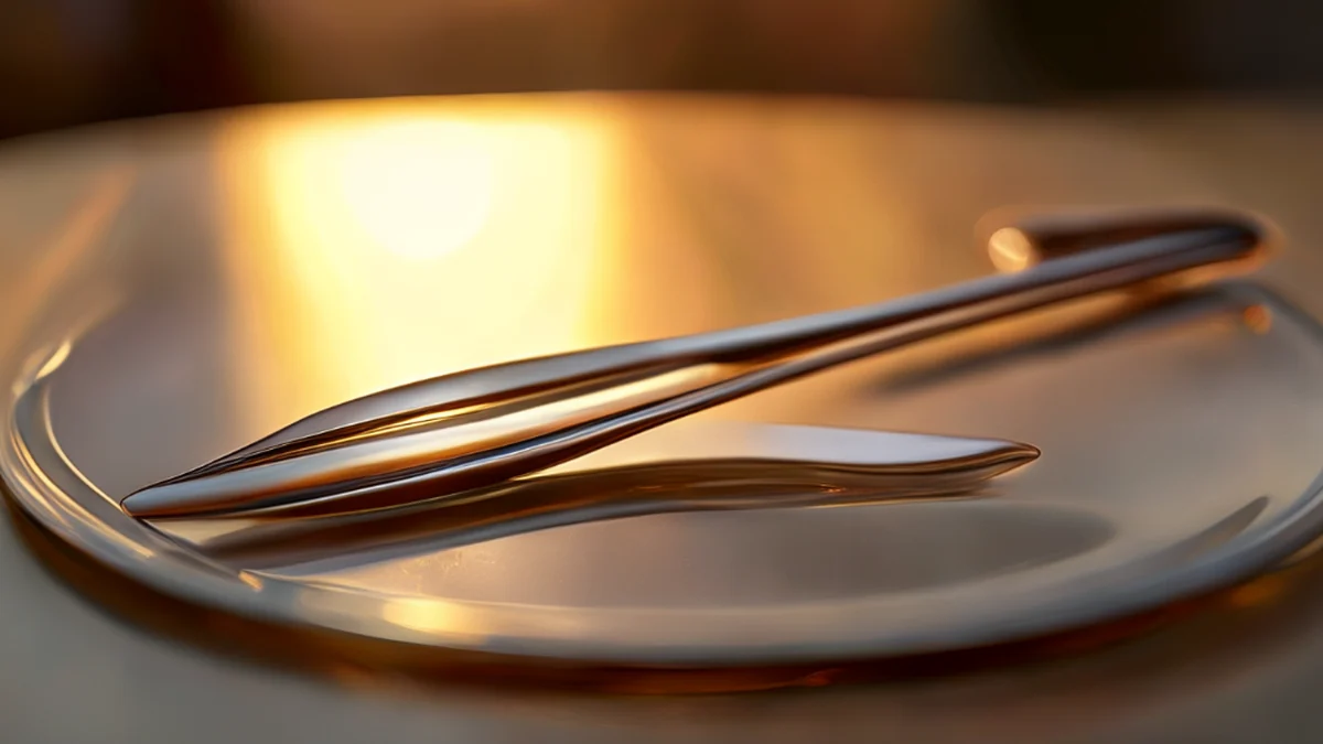 Stahlstahl-Fork-Hand, auf Glasplatte unter goldenem Licht, flache Schärfe, photorealistisch, scharfe Schärfe, hohe Details