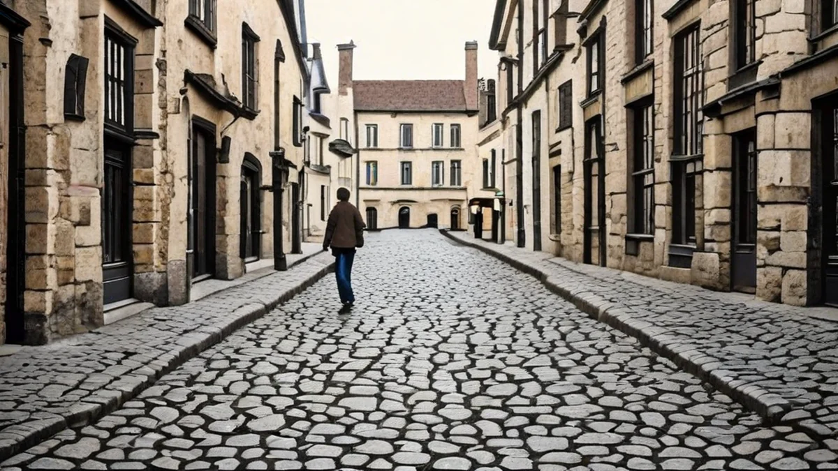 A person walks along a busy Berlin street, surrounded by city buildings and pedestrians.