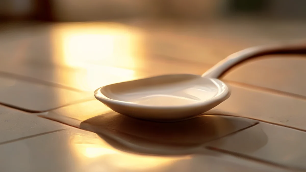 Cuchara de porcelana blanca, superficie lisa, forma redonda, sobre una baldosa cerámica bajo la luz dorada, profundidad de campo baja, realismo fotográfico, enfoque neto, detalles elevados