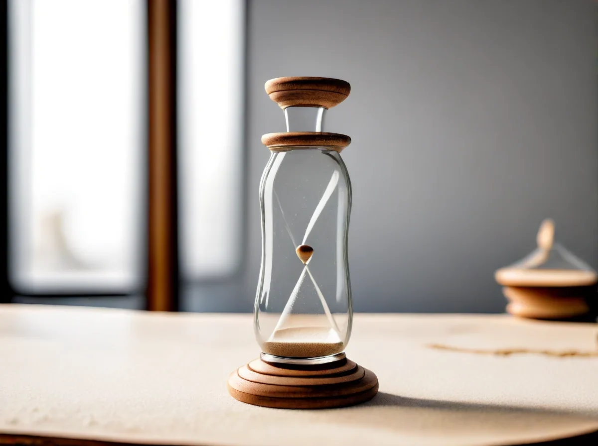 Un reloj de arena de vidrio vertical con arena fluyendo desde la parte superior.
