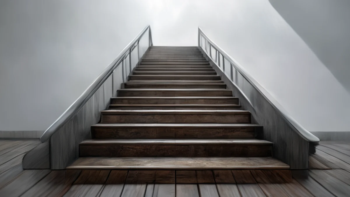 Une escalier d'école a des marches blanches et un baril rouge.