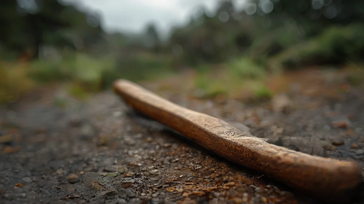 Cucchiaio in legno usato a Bushland, mostrando la struttura naturale del legno e un design semplice.