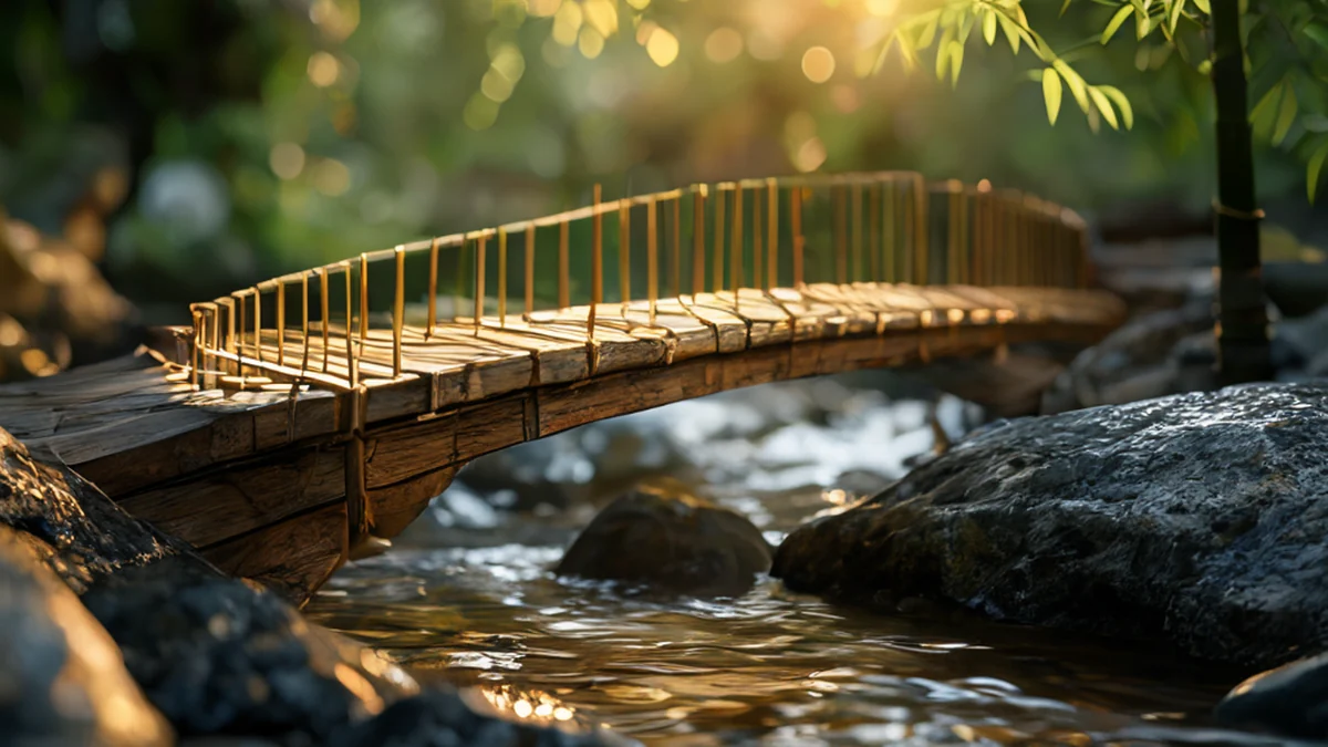een enkel bambusbrug, verweerd, smal, rustend op een rotsige stroom onder warme zijkant, zachte scherpte, fotorealistisch, scherp focus, hoge details